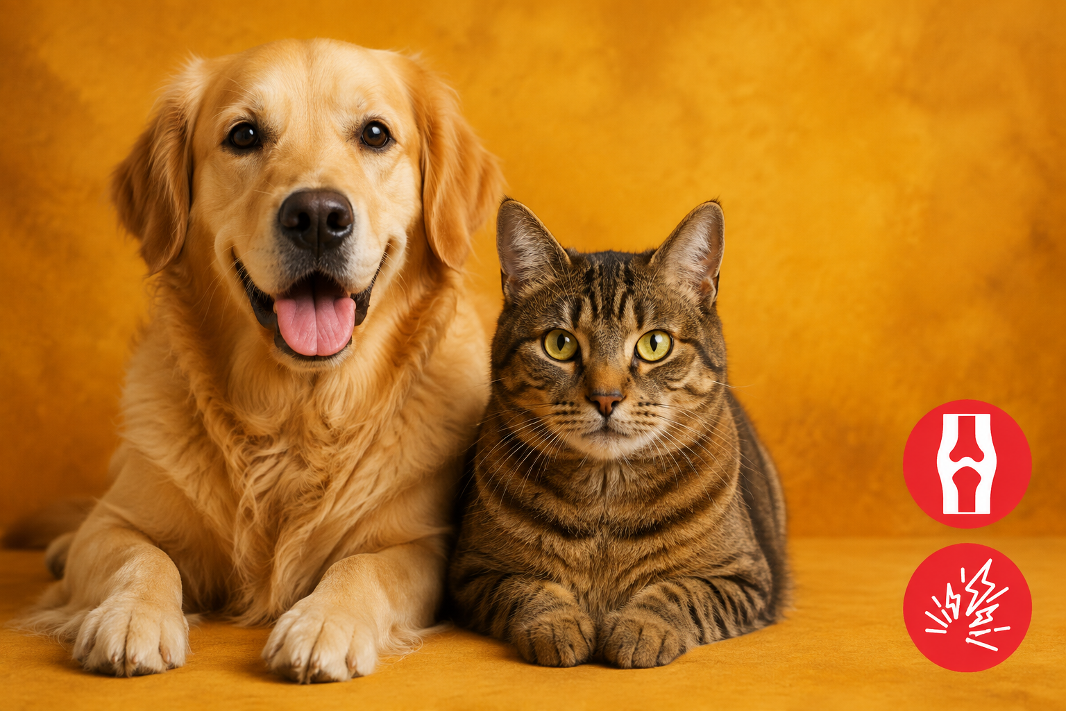 Golden retriever and tabby cat on a turmeric-coloured background with joint mobility and pain support icons