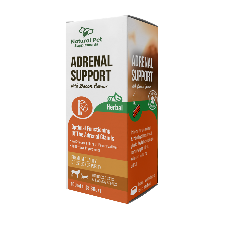 Front of Natural Pet Supplements Adrenal Support herbal formula for dogs needing adrenal and cortisol-related wellbeing support