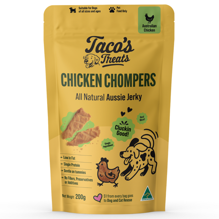 Taco's Treats Chicken Chompers Australian chicken jerky treats for dogs