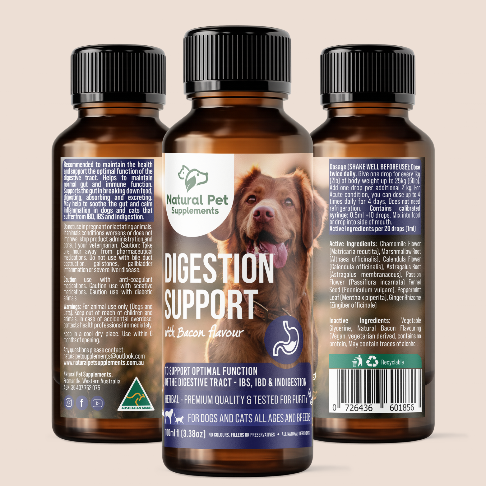 Natural Pet supplements digestion support herbal liquid for dogs and cats bacon flavour. 