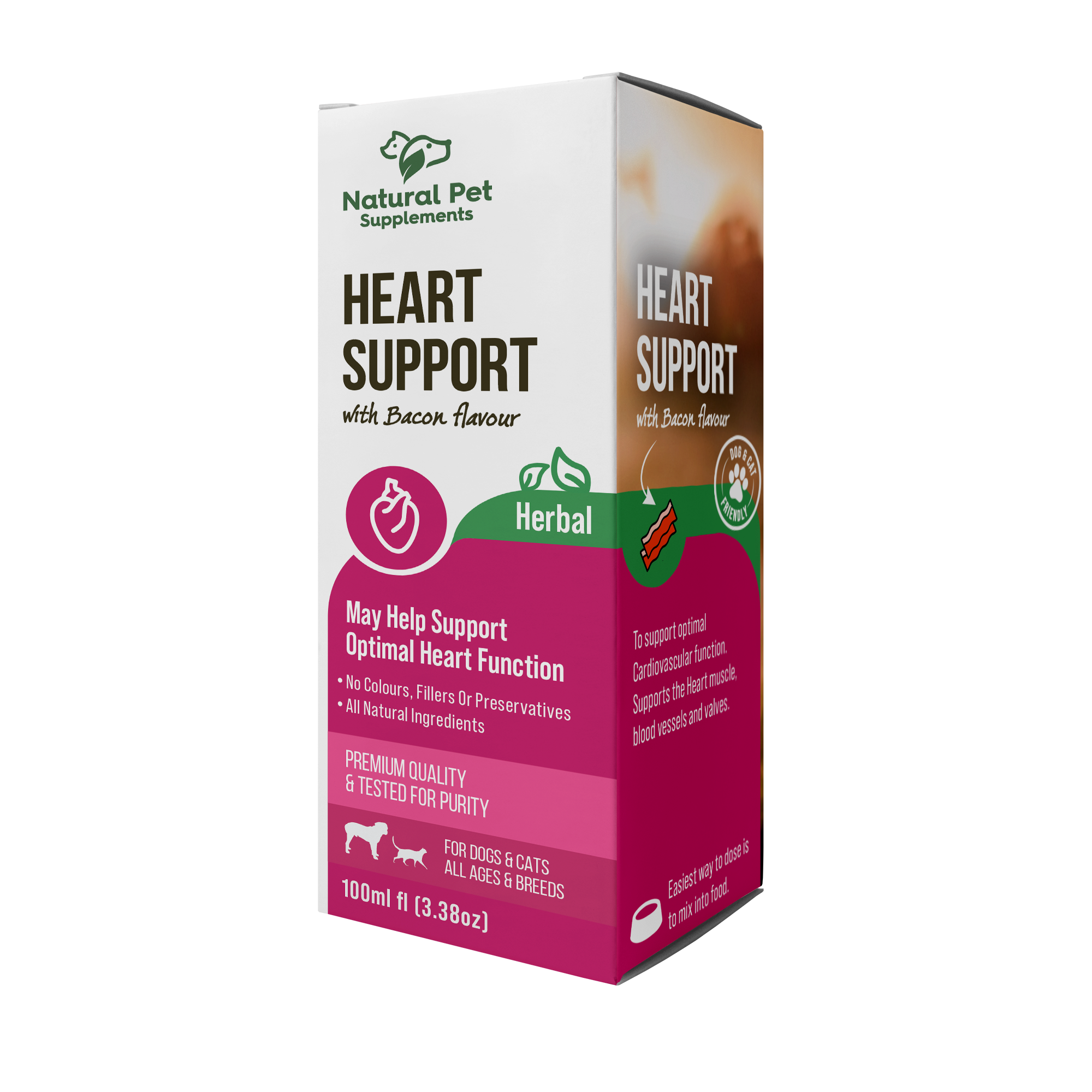 Box of Natural Pet Supplements Heart Support with Bacon flavor on a white background