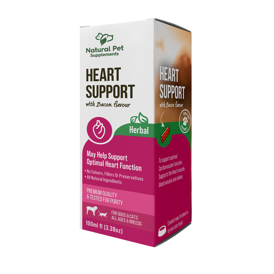 Box of Natural Pet Supplements Heart Support with Bacon flavor on a white background