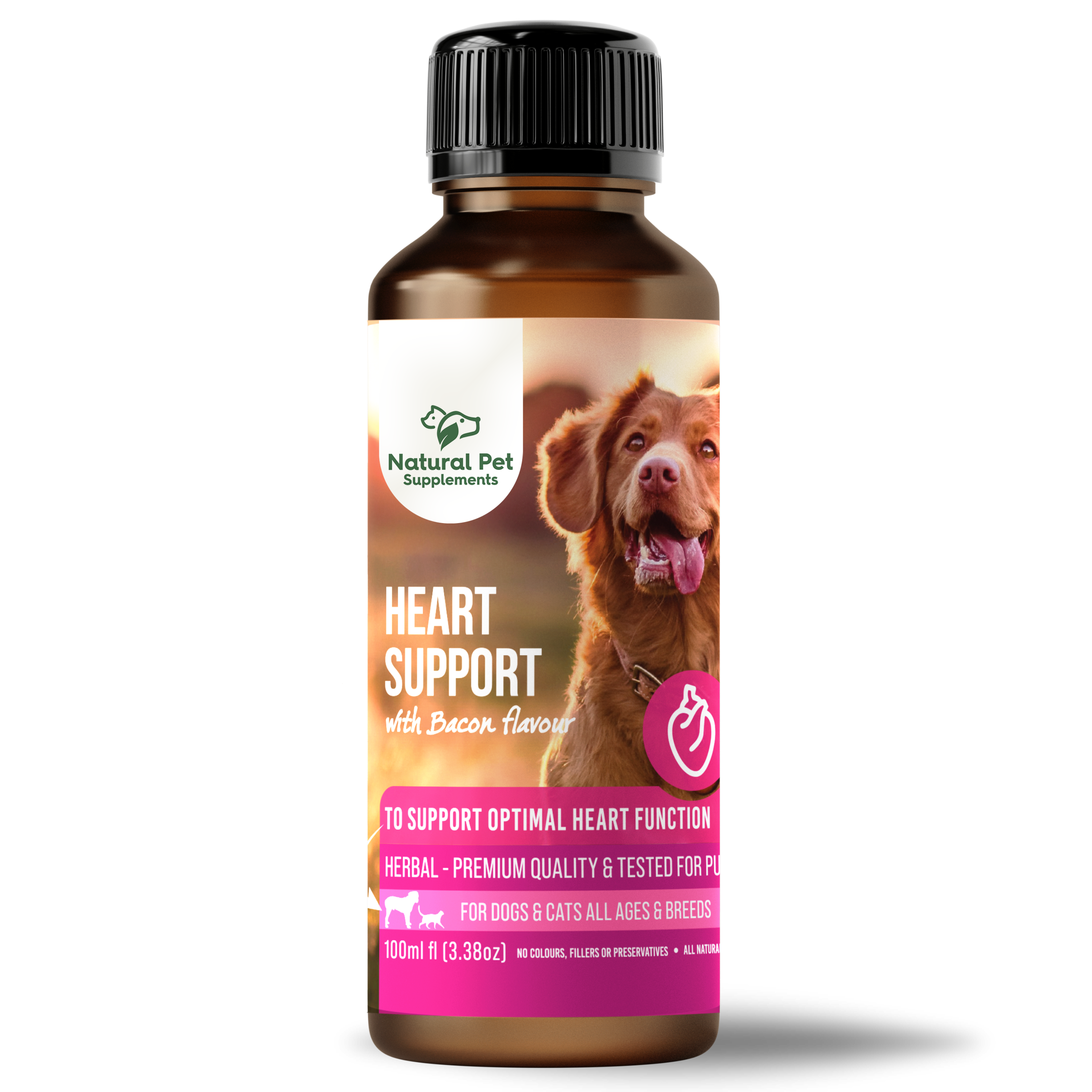 Bottle of Natural Pet Supplements Heart Support with Bacon flavor on a white background