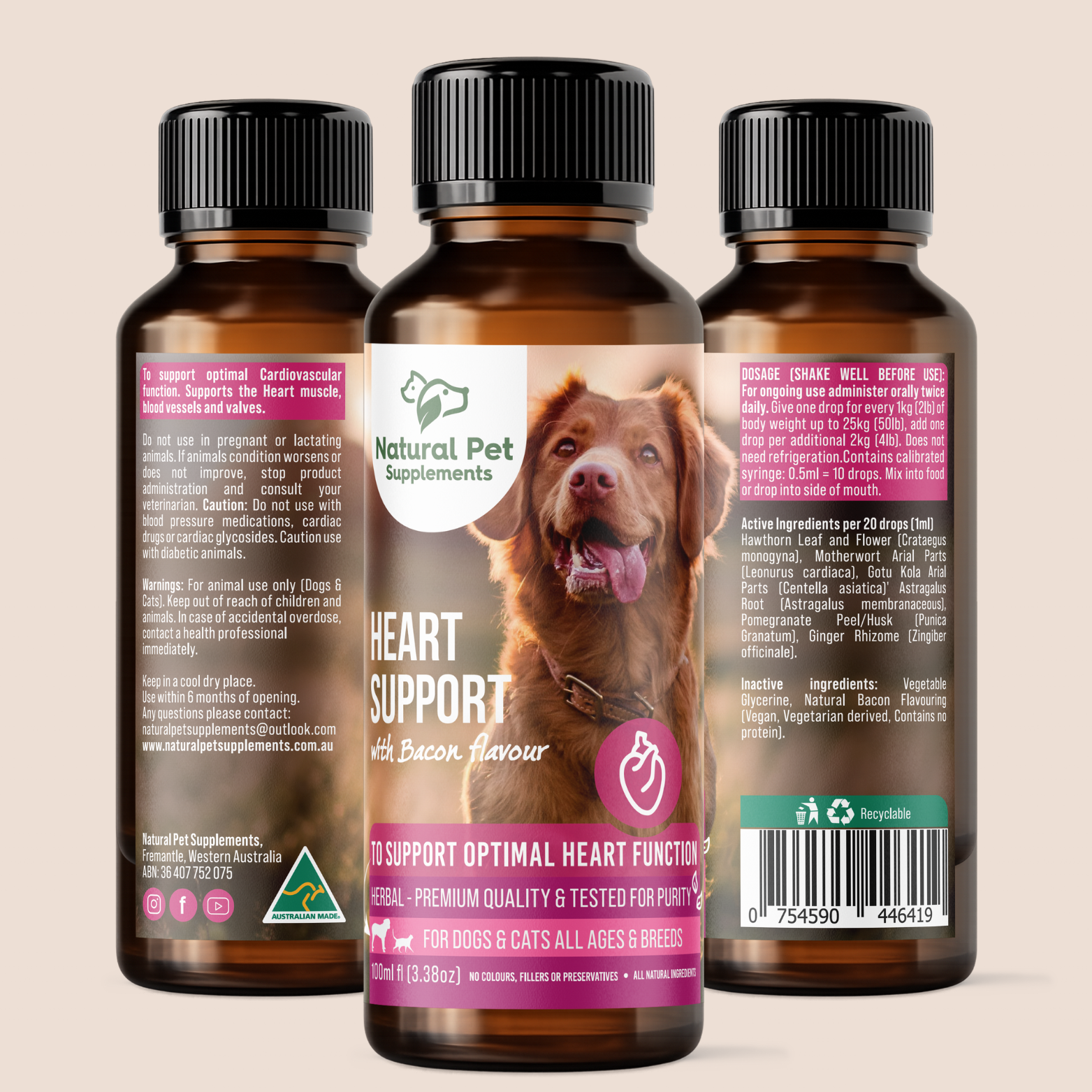 Three bottles of Natural Pet Supplements Heart Support with a dog on the label against a beige background.