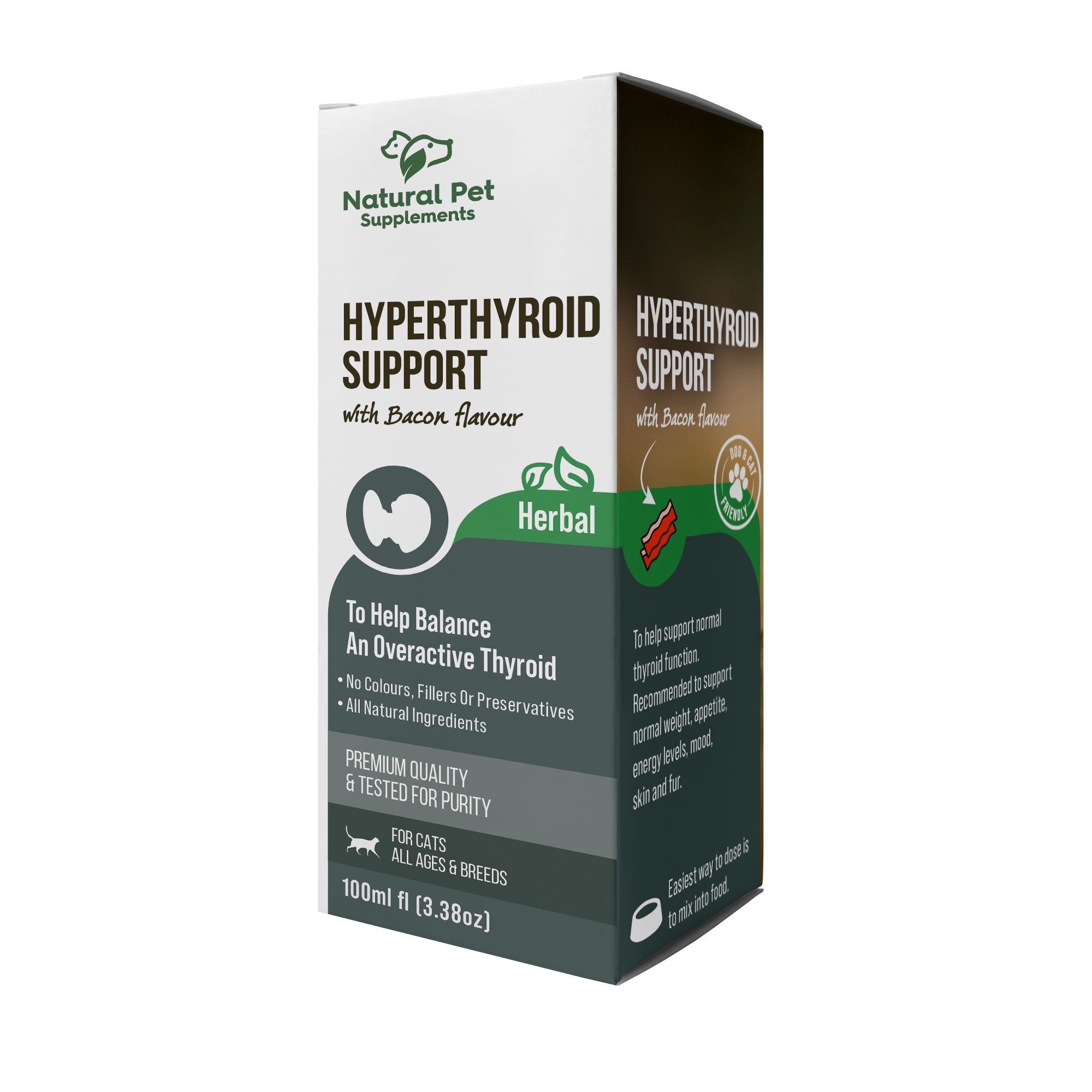 Box of Natural Pet Supplements for hyperthyroid support with bacon flavor on a white background