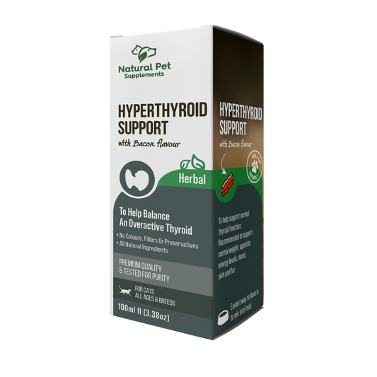 Box of Natural Pet Supplements for hyperthyroid support with bacon flavor on a white background