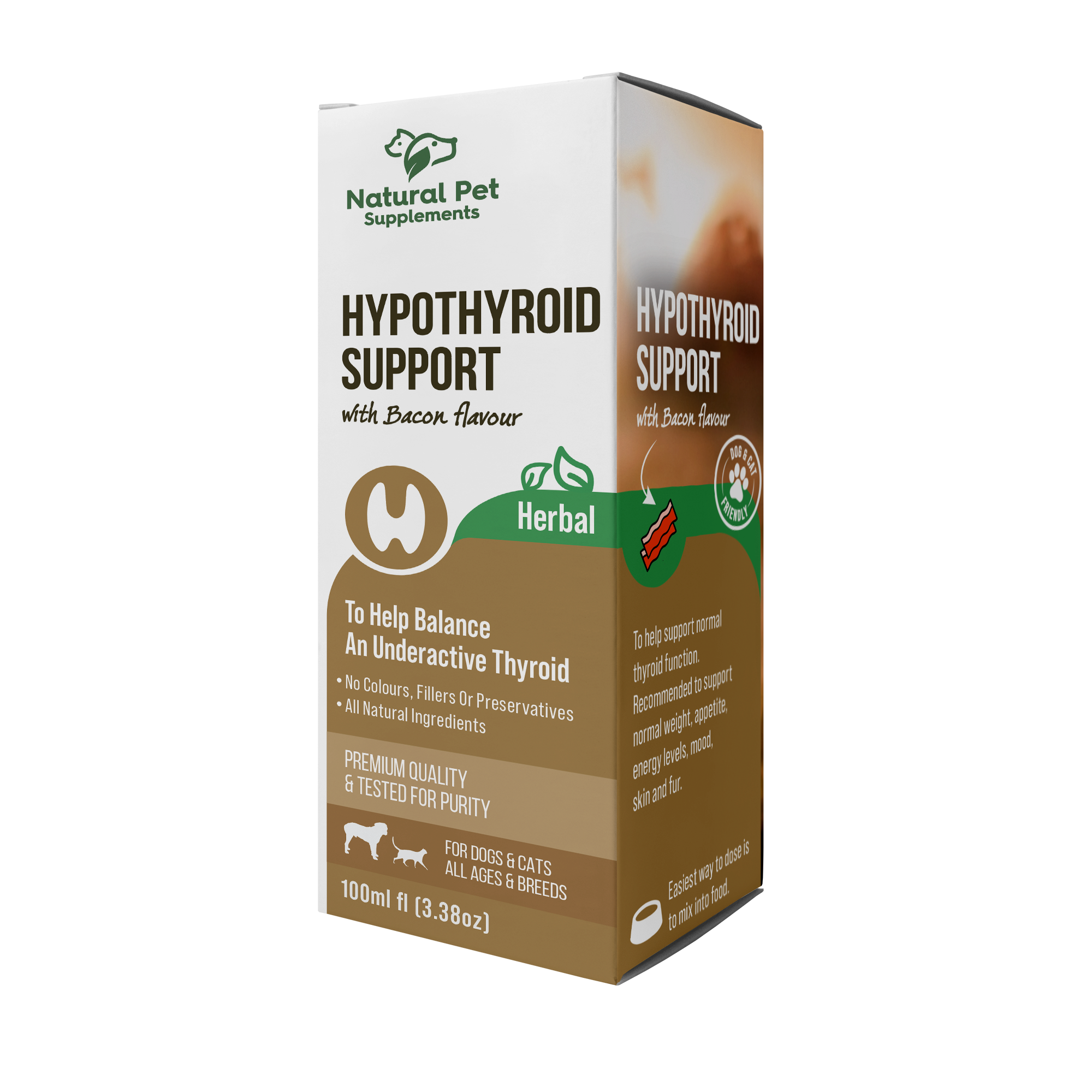 Box of Natural Pet Supplements for hypothyroid support with bacon flavor on a white background