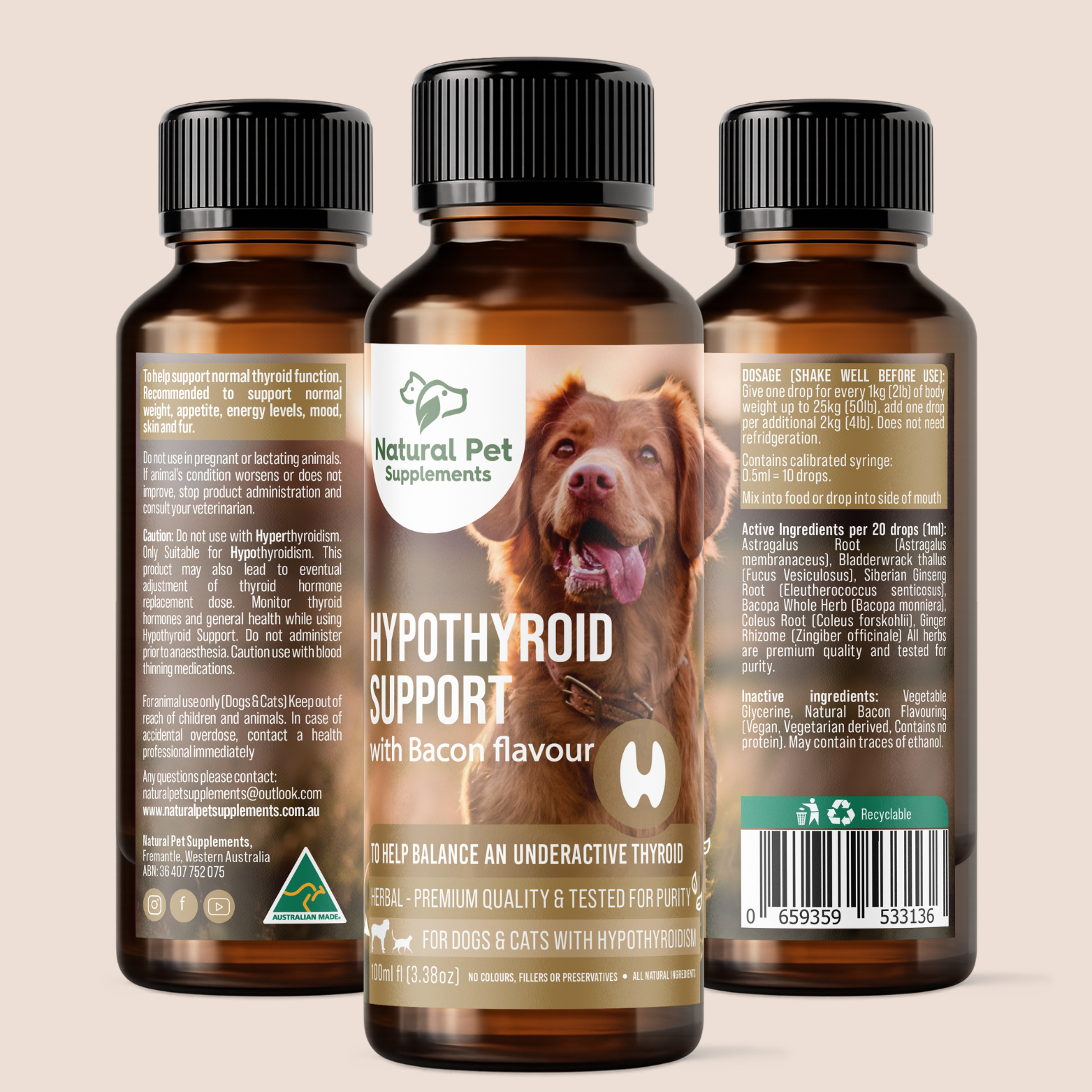 Three angles of Natural Pet Supplements hypothyroid support with bacon flavor on a beige background.