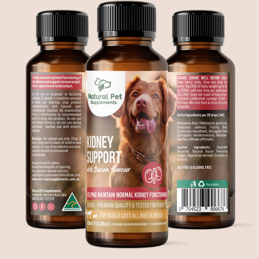 Three bottle angles of Natural Pet Supplements for kidney support for dogs and cats