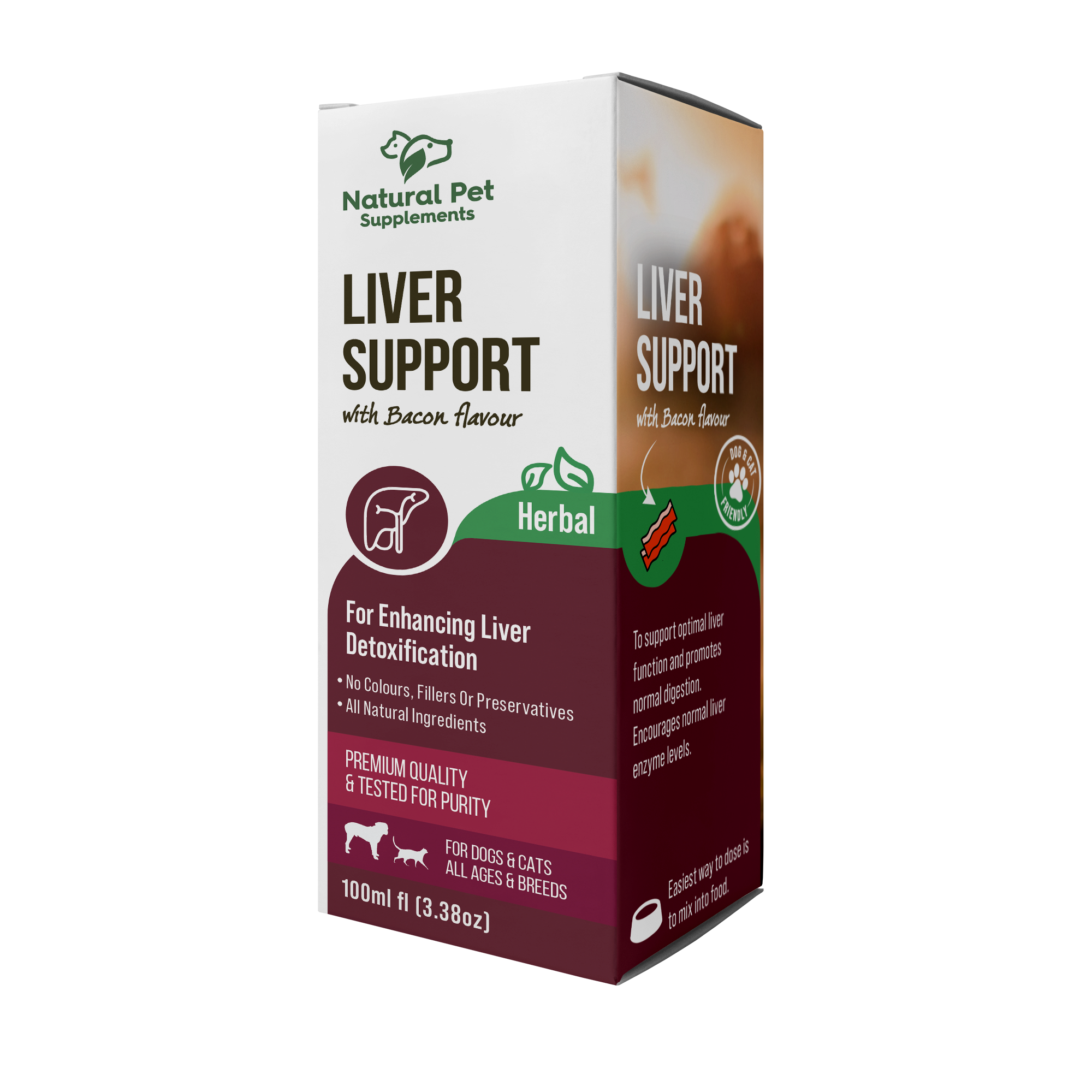 Box of Natural Pet Supplements Liver Support with Bacon Flavour on a white background
