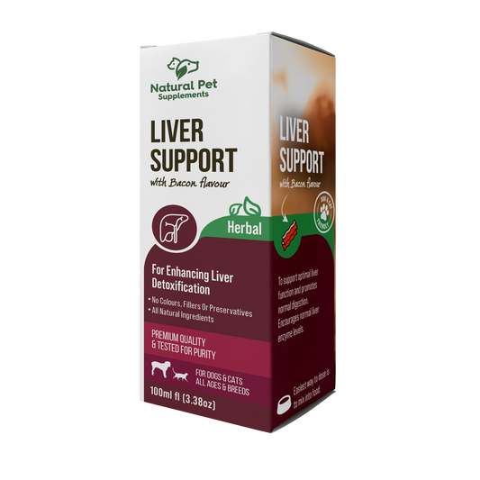 Box of Natural Pet Supplements Liver Support with Bacon Flavour on a white background
