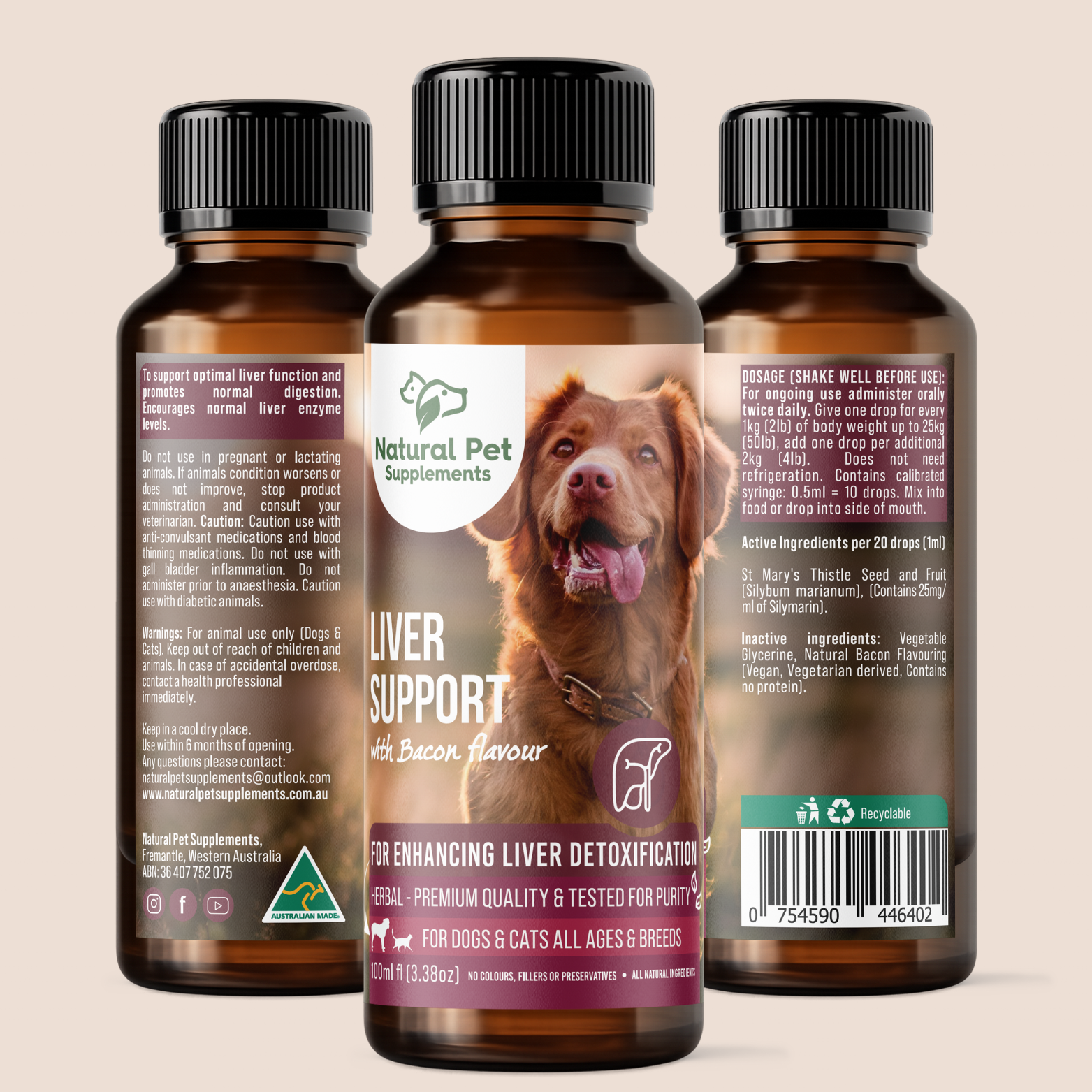 Three angles of Natural Pet Supplements Liver Support with Bacon Flavour on a beige background