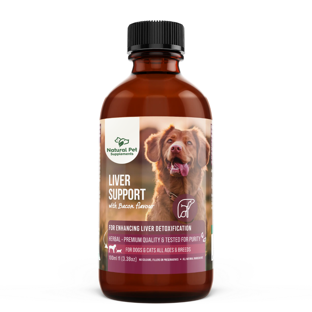 Bottle of natural pet supplements liver support 200ml supplement for dogs with a label featuring a dog's face on a white background.