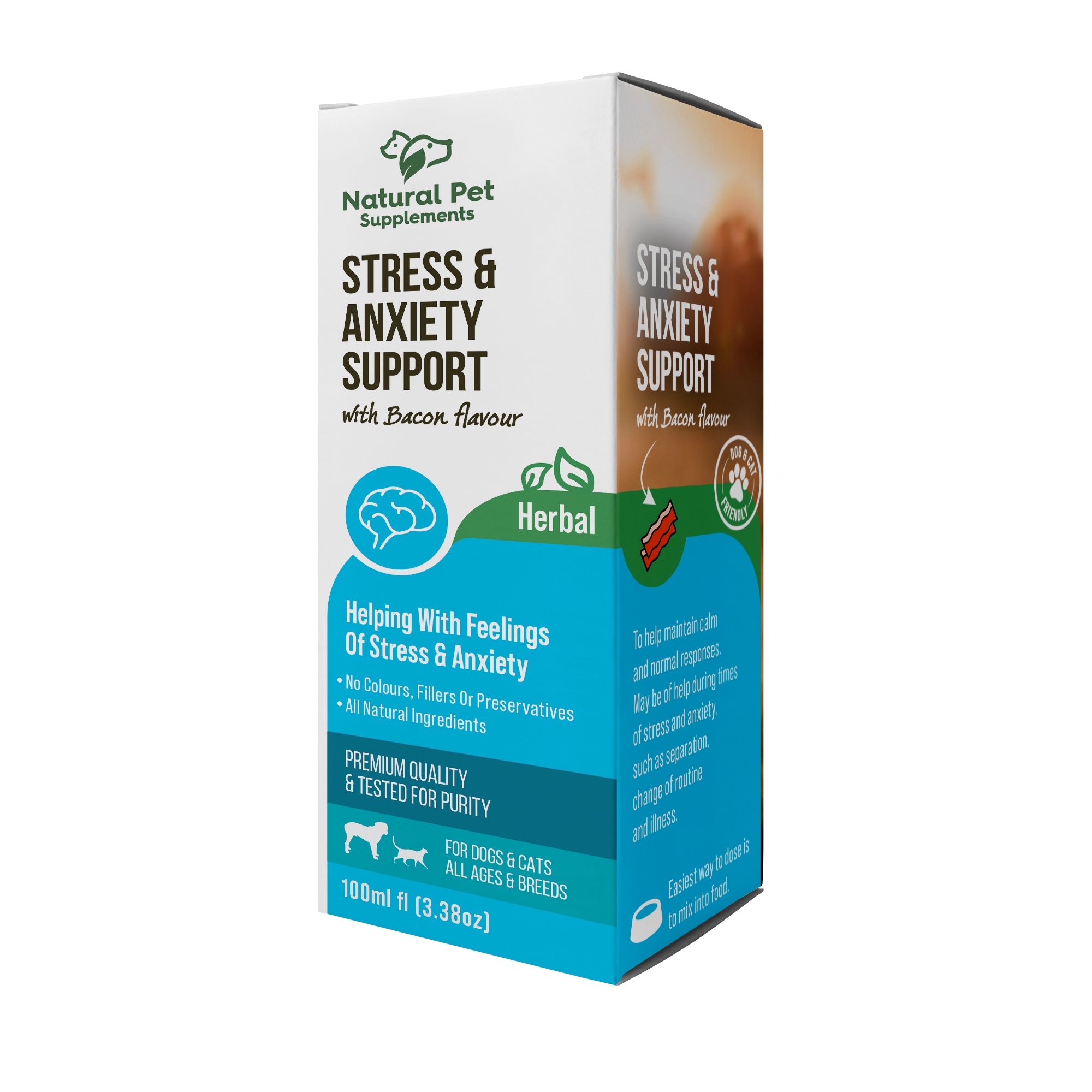 Box of Natural Pet Supplements for stress and anxiety support with bacon flavor on a white background