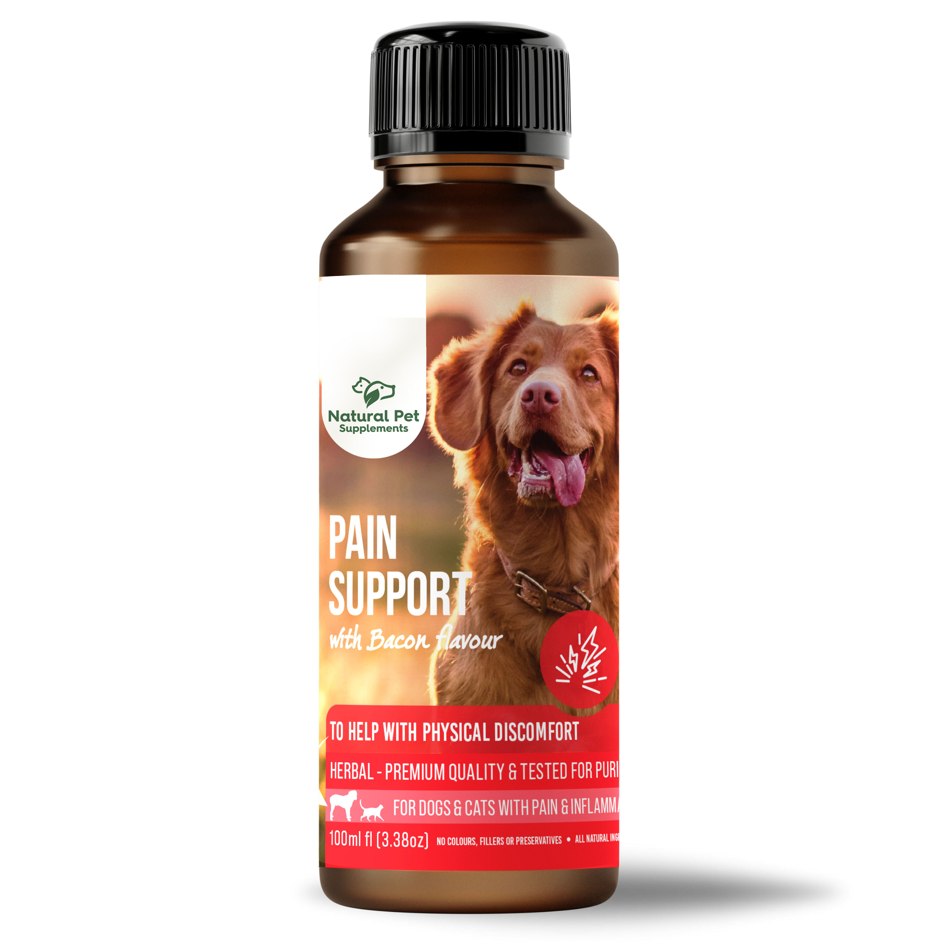 Bottle of 'Pain Support' supplement for pets with a dog on the label against a white background