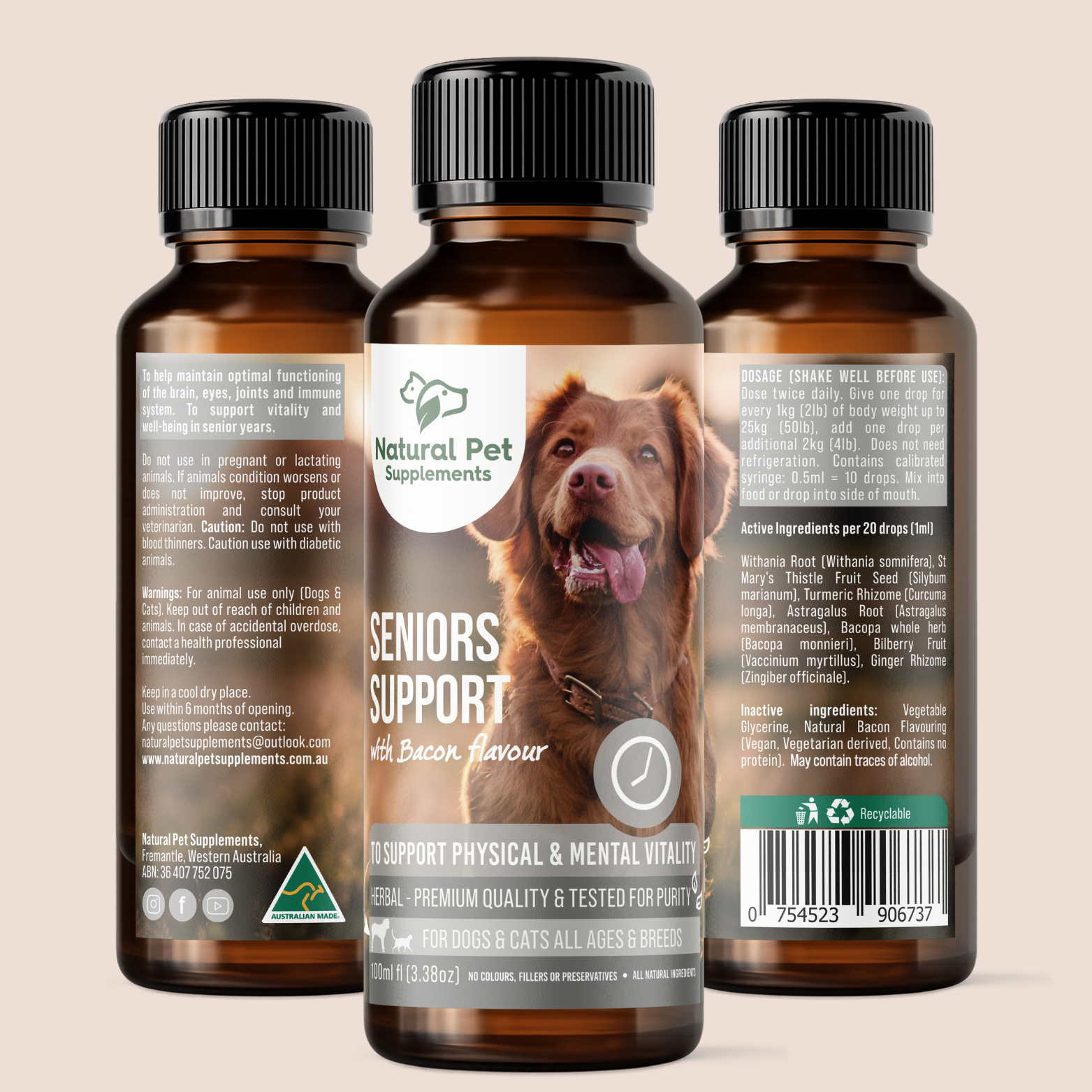 3 Angles of Natural pet supplements seniours support 100ml bacon flavour