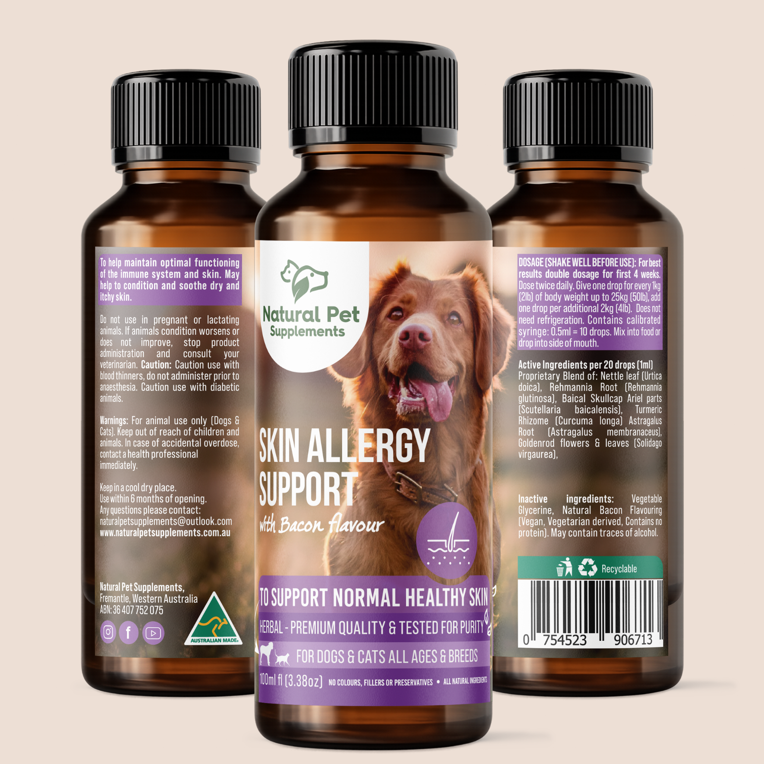 Natural Pet Supplements Skin allergy support 100ml bottle