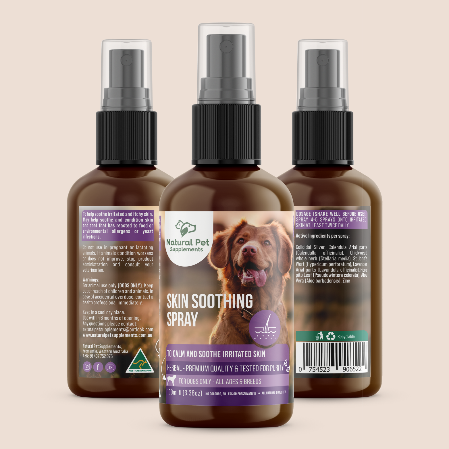 Natural pet supplements Skin soothing spray for dogs 100ml.