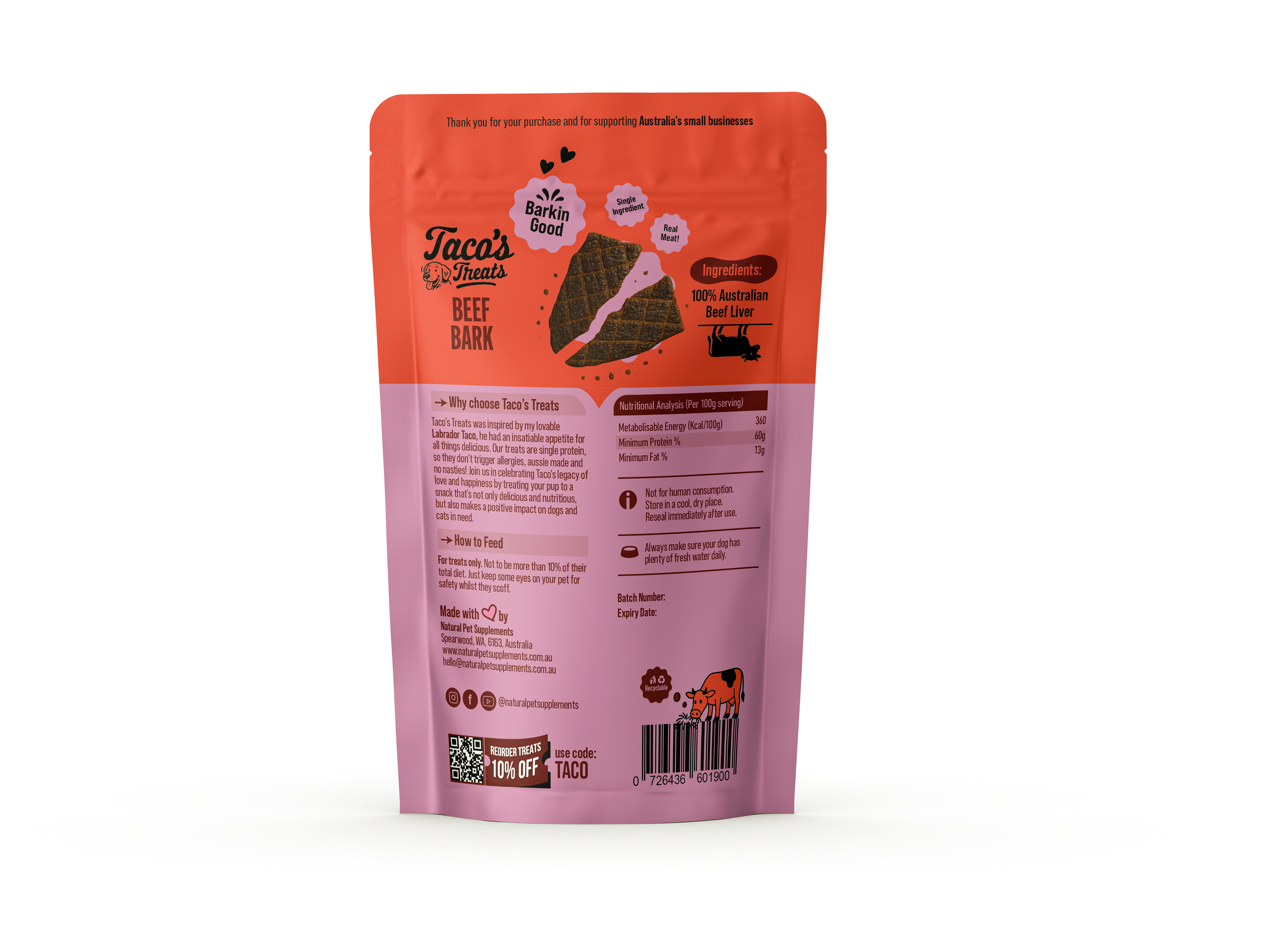 Taco's Treats - Aussie Beef Bark - All Natural Beef Liver for Dogs 250g-Natural Pet Supplements Australia