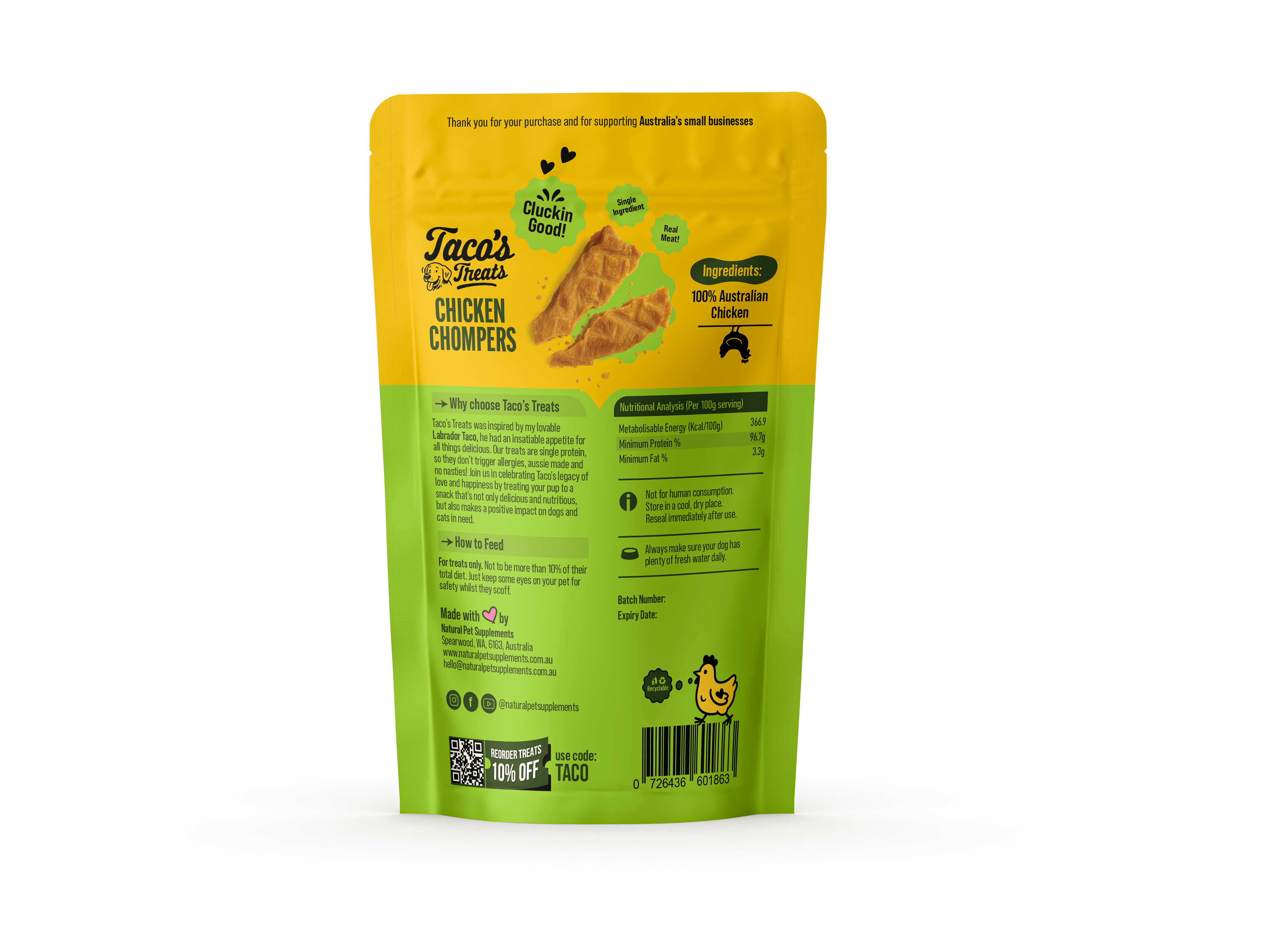 Taco's Treats - Chicken Chompers - All Natural Chicken Jerky for Dogs 200g-Natural Pet Supplements Australia