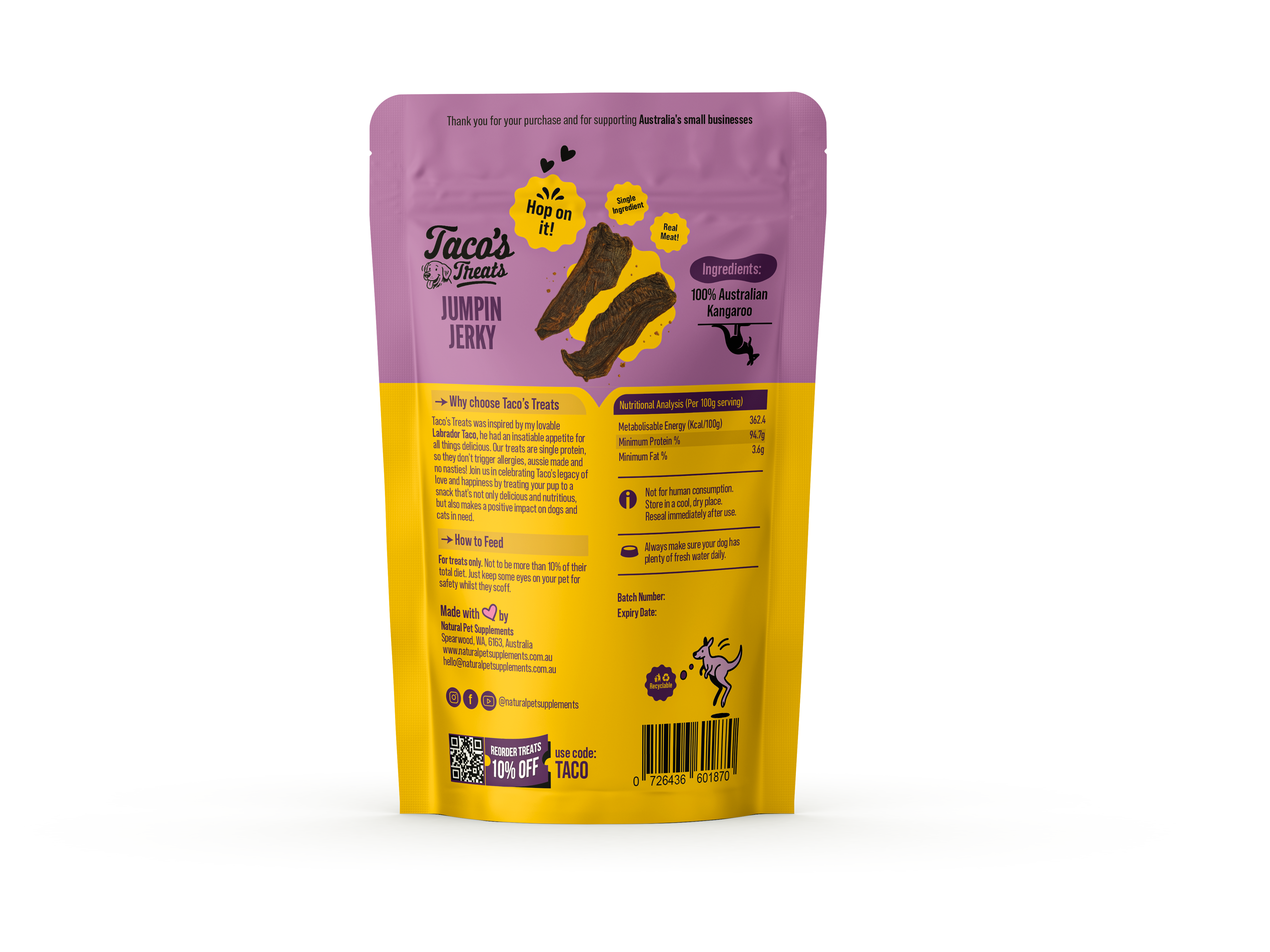 Taco's Treats - Aussie Jumpin Jerky - All Natural Kangaroo Jerky 200g-Natural Pet Supplements Australia