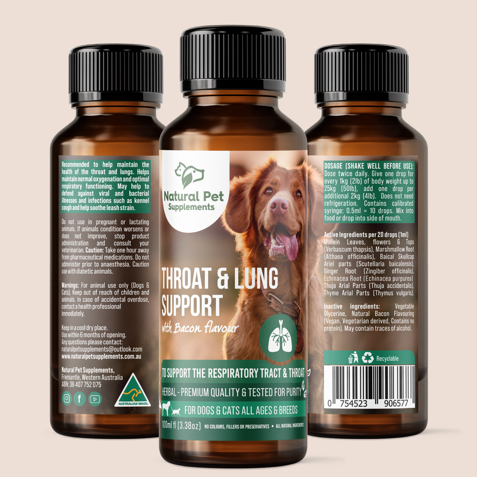 Natural Pet Supplements throat and lung support for dogs and cats box 100ml 3 angles