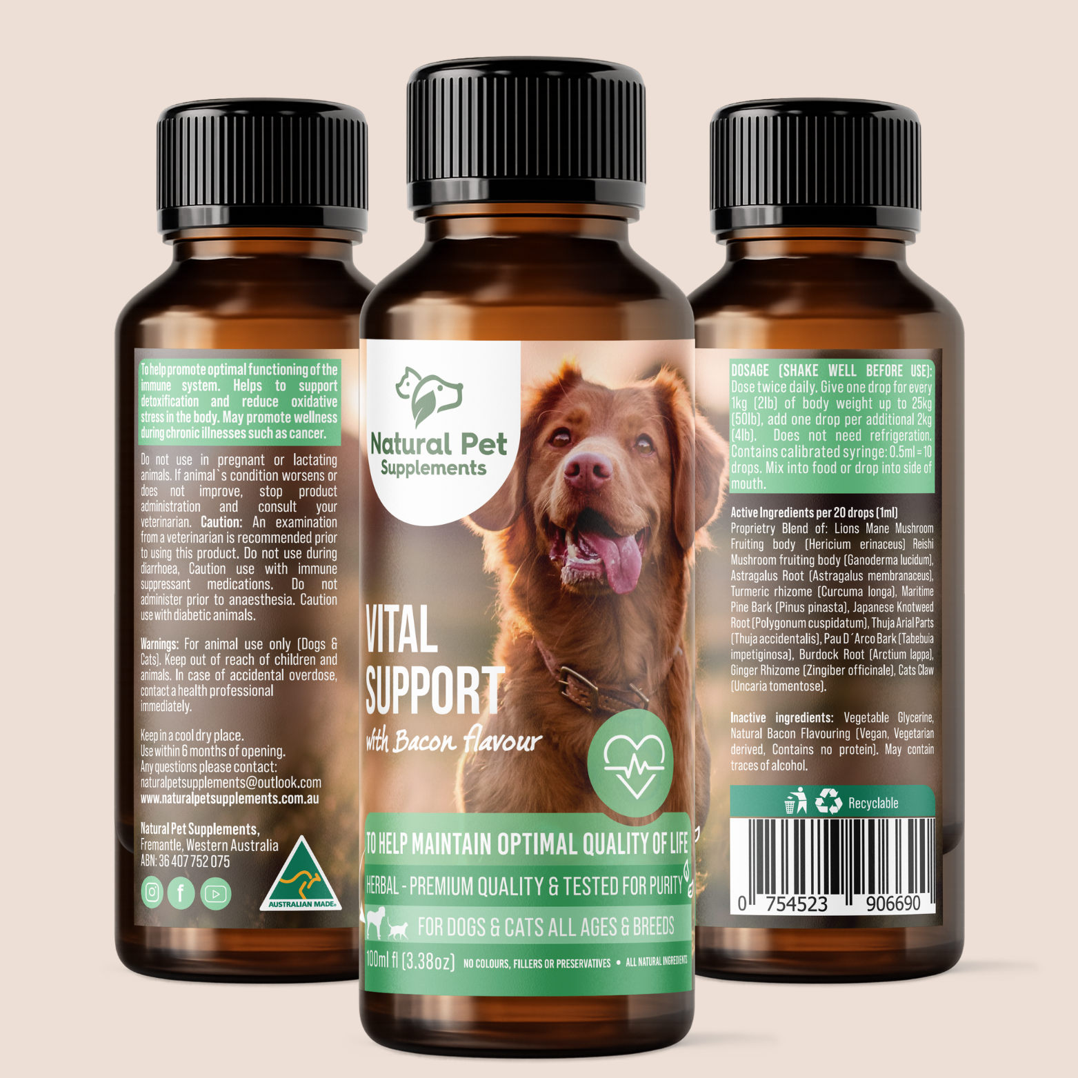 natural pet supplements vital support box 100ml from 3 angles