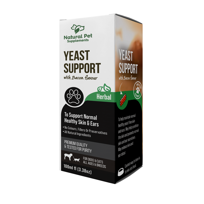 Natural Pet Supplements Yeast Support herbal formula for dogs with recurring itchy skin, paw licking and yeast-related skin concerns