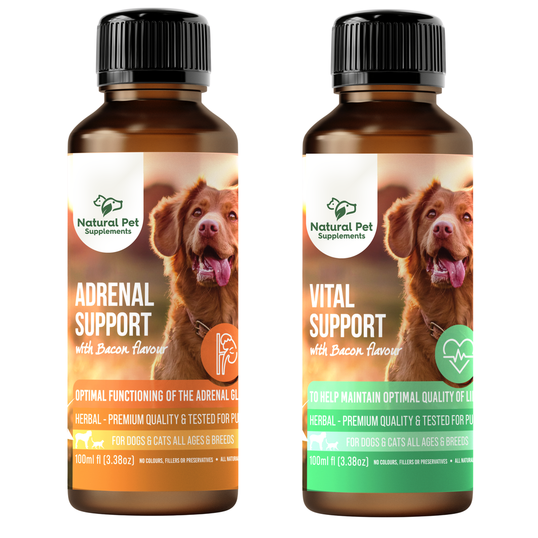 Natural Pet Supplements Adrenal Kit, previously called the Cushing’s Kit, containing Adrenal Support and Vital Support herbal formulas for dogs