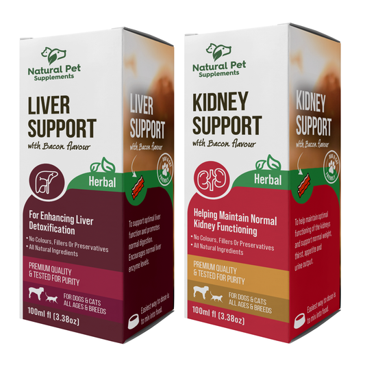 Two boxes of Natural Pet Supplements, that make up the kidney kit for dogs and cats